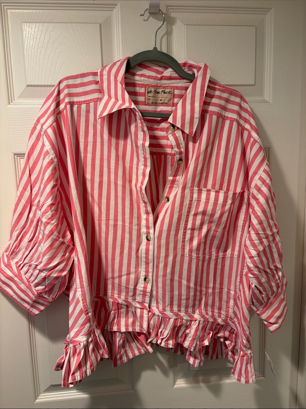 Free People Bailey Striped Shirt Coral & White Ruffle Hem Button-Down Shirt